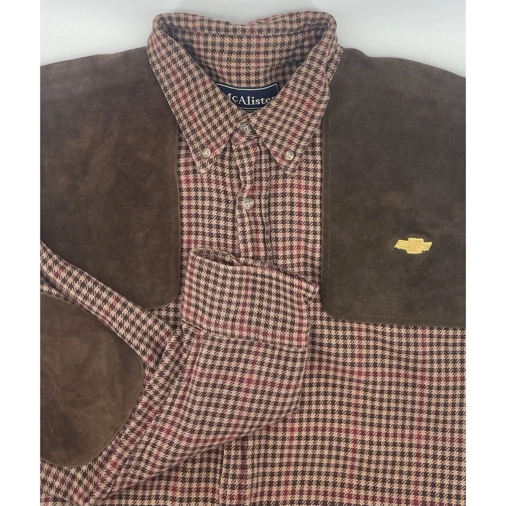 McAlister Countrysport Hunting Shirt Mens Lg Brown Houndstooth Suede Chevy Logo
